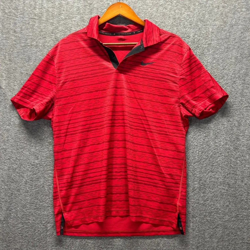 Nike Tiger Woods Collection‎ Mens Red Striped Blade Collar Golf Polo Shirt Large